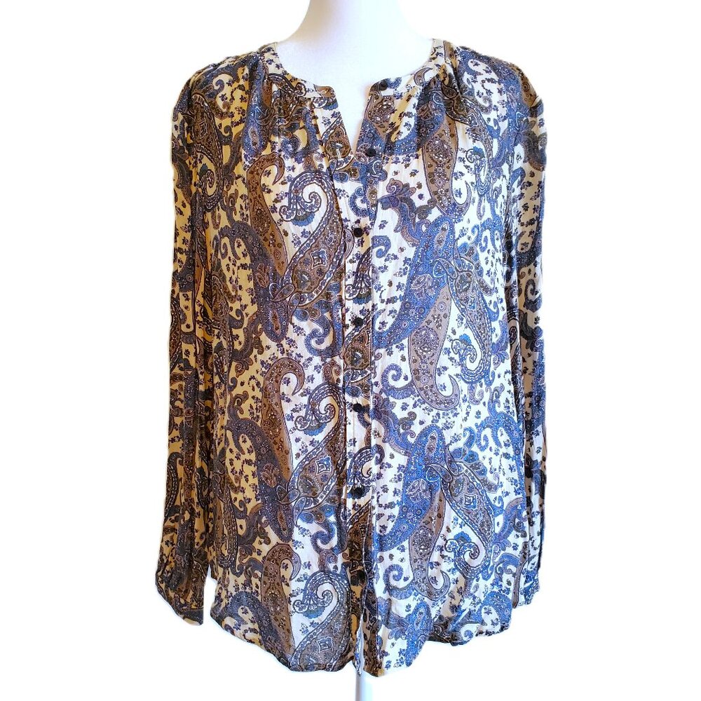 Lucky Brand Blue Tan Paisley Button Up Blouse Women's Sz L Boho Coastal Cowgirl